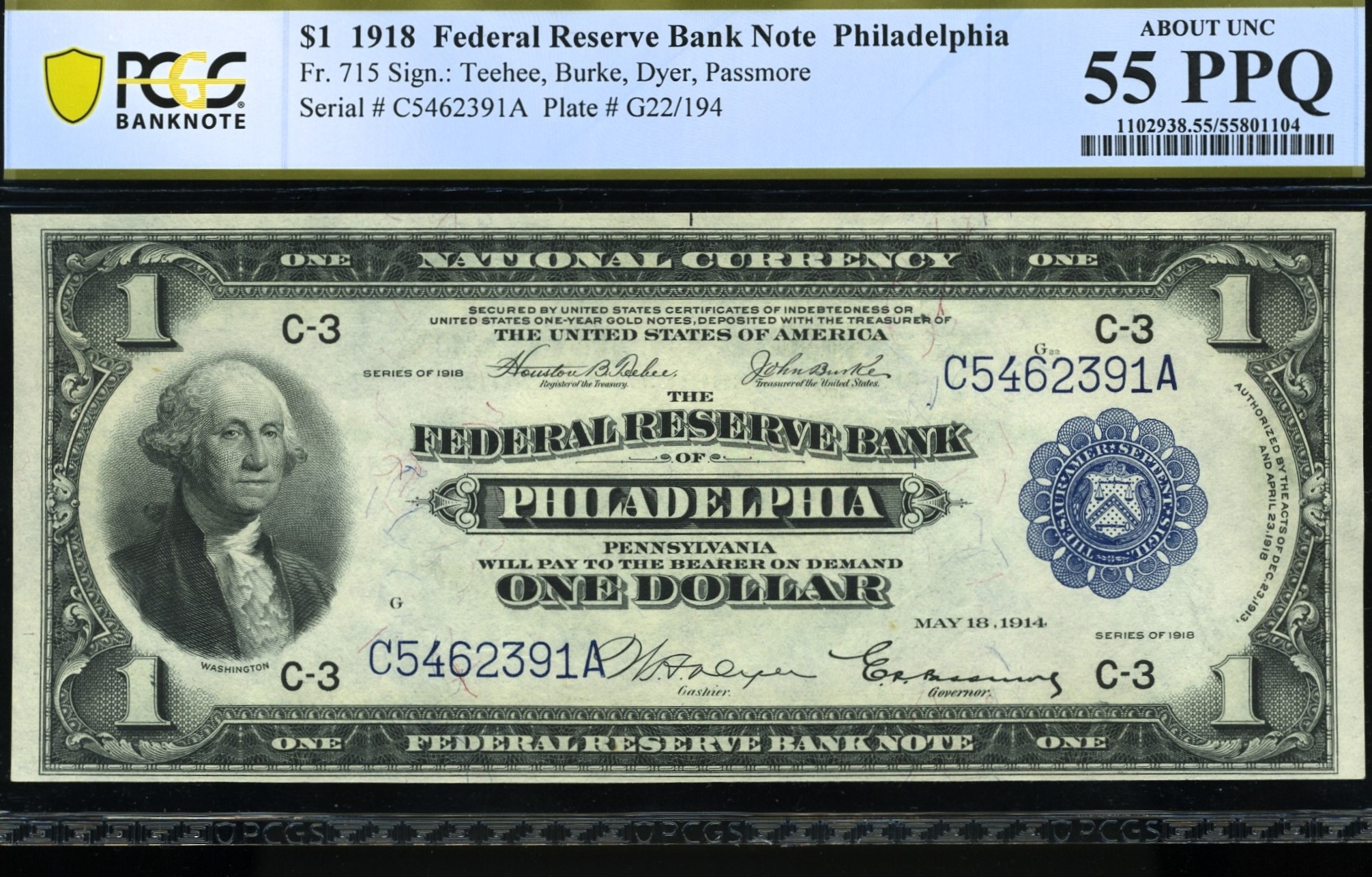 FR-715 1918 $1 FRBN PHILA 55Q