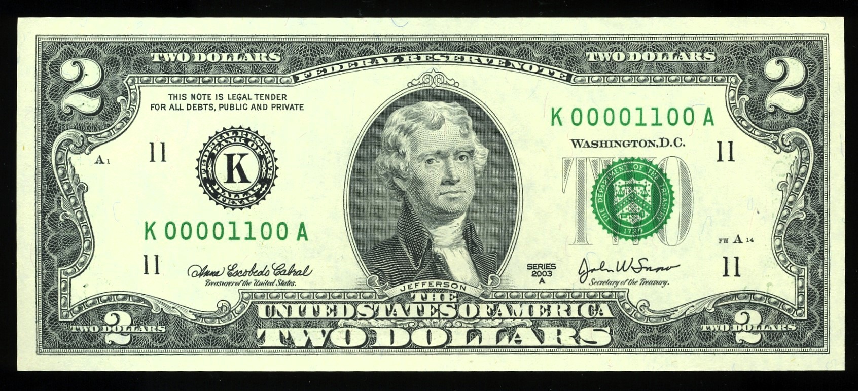 2003A $2 FRN K00001100A