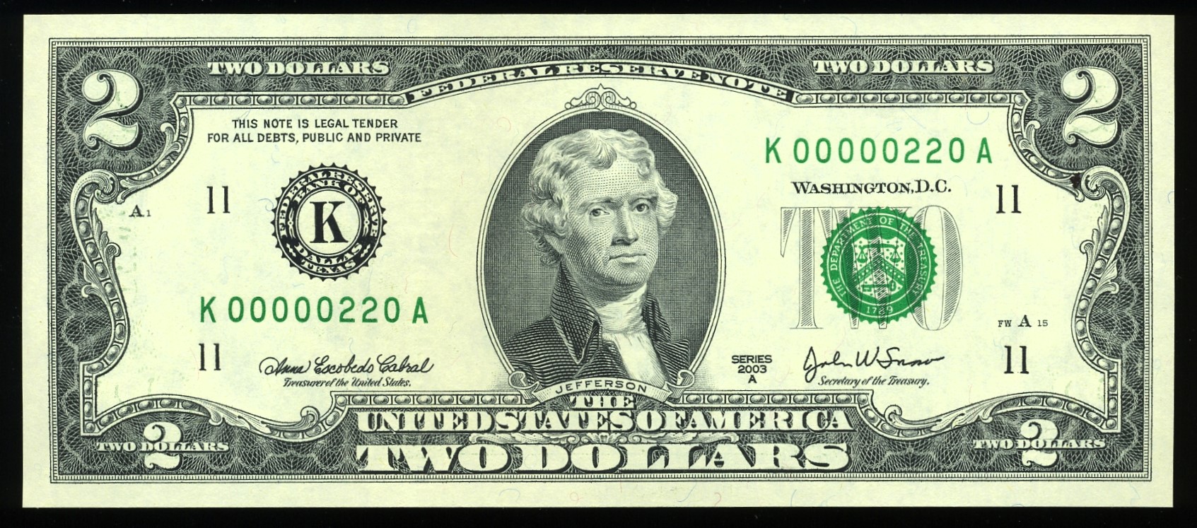 2003A $2 FRN K00000220A