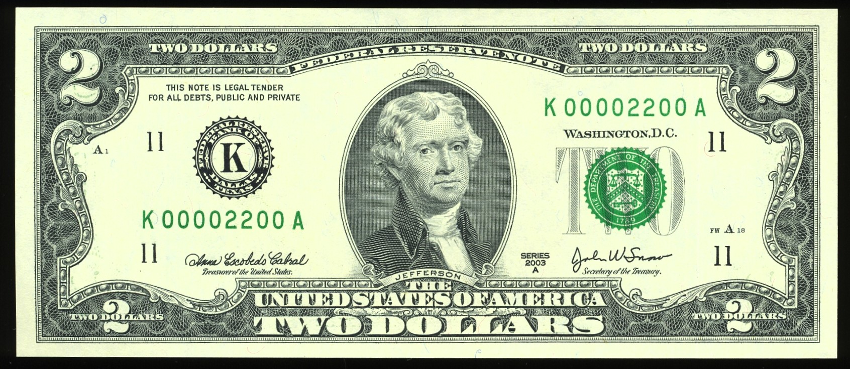 2003A $2 FRN K00002200A