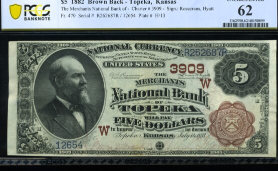 1882 $5 MER NB OF TOPEKA KS