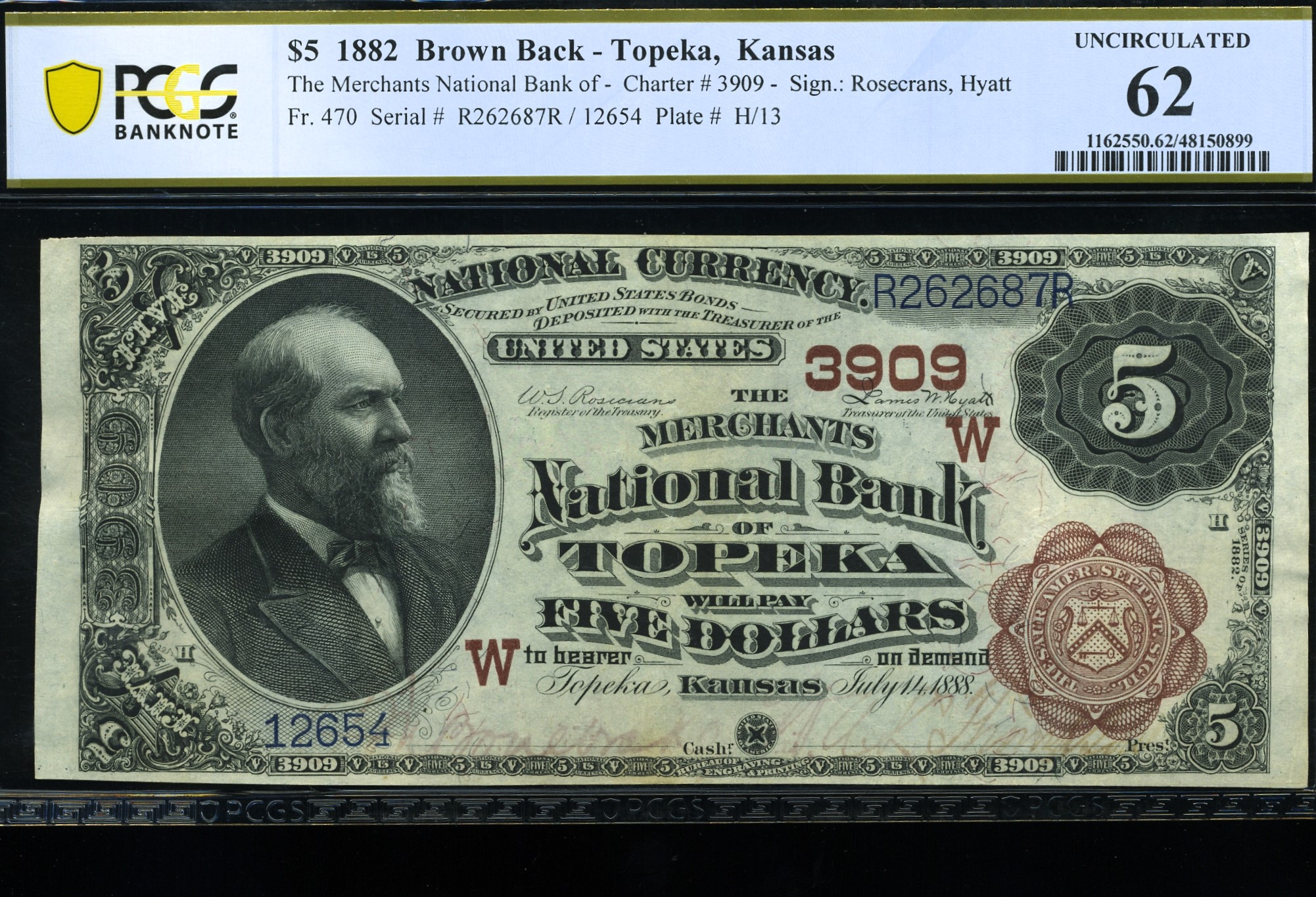1882 $5 MER NB OF TOPEKA KS