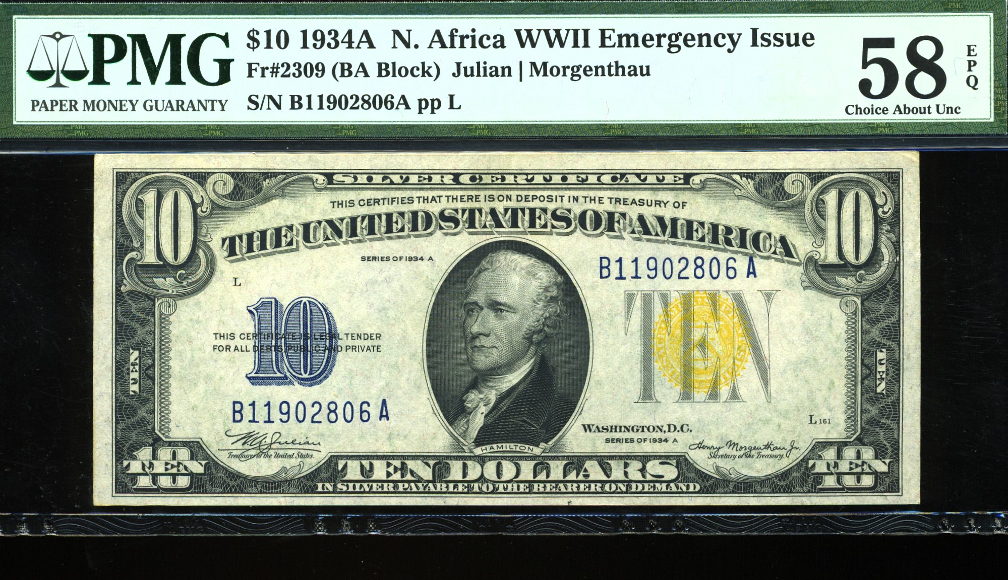 1934A $10 SILVER N-A P.M.G 58EPQ