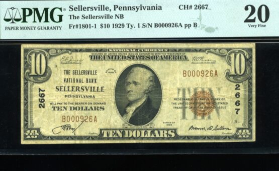 1929 $10 NB OF SELLERSVILLE PA