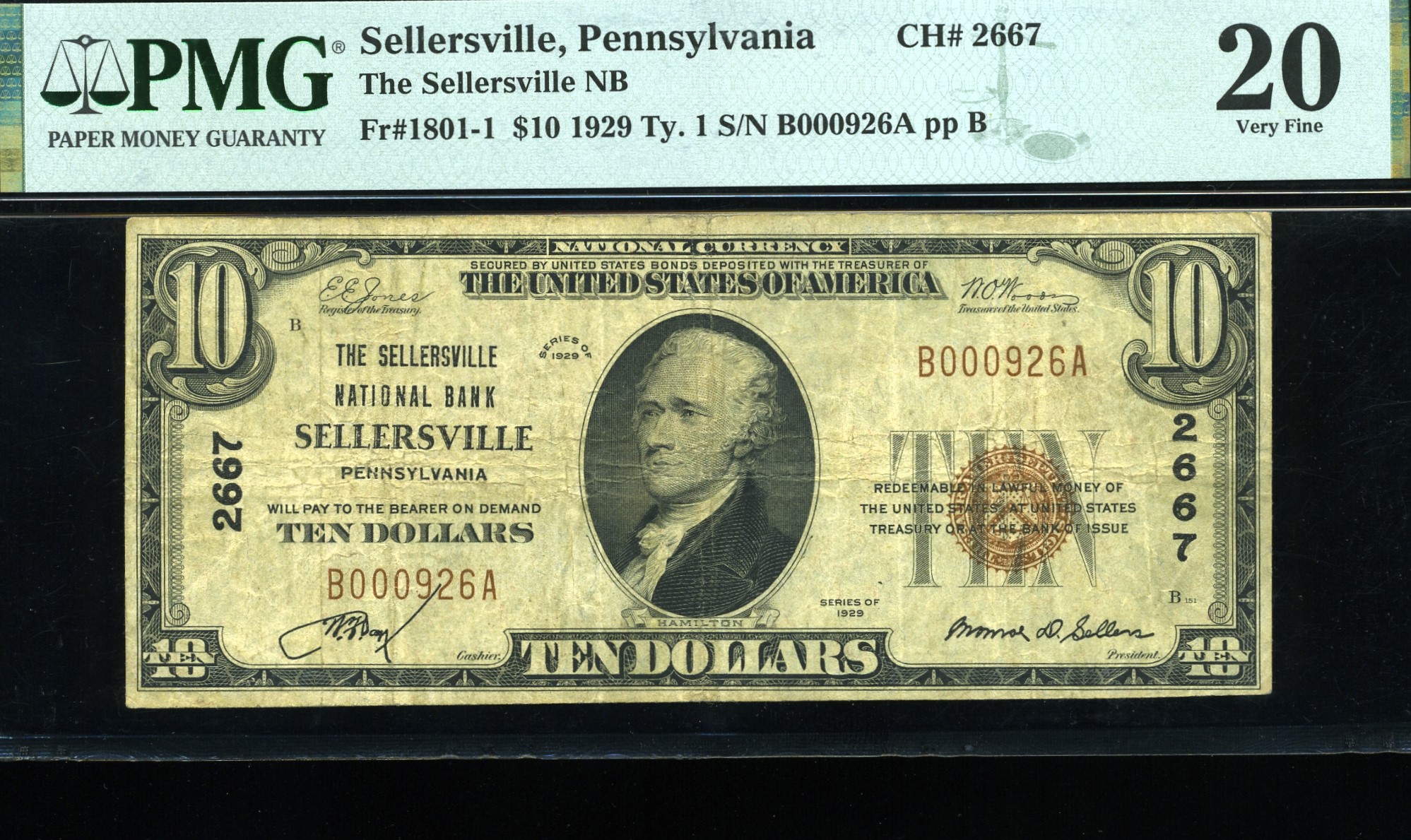 1929 $10 NB OF SELLERSVILLE PA