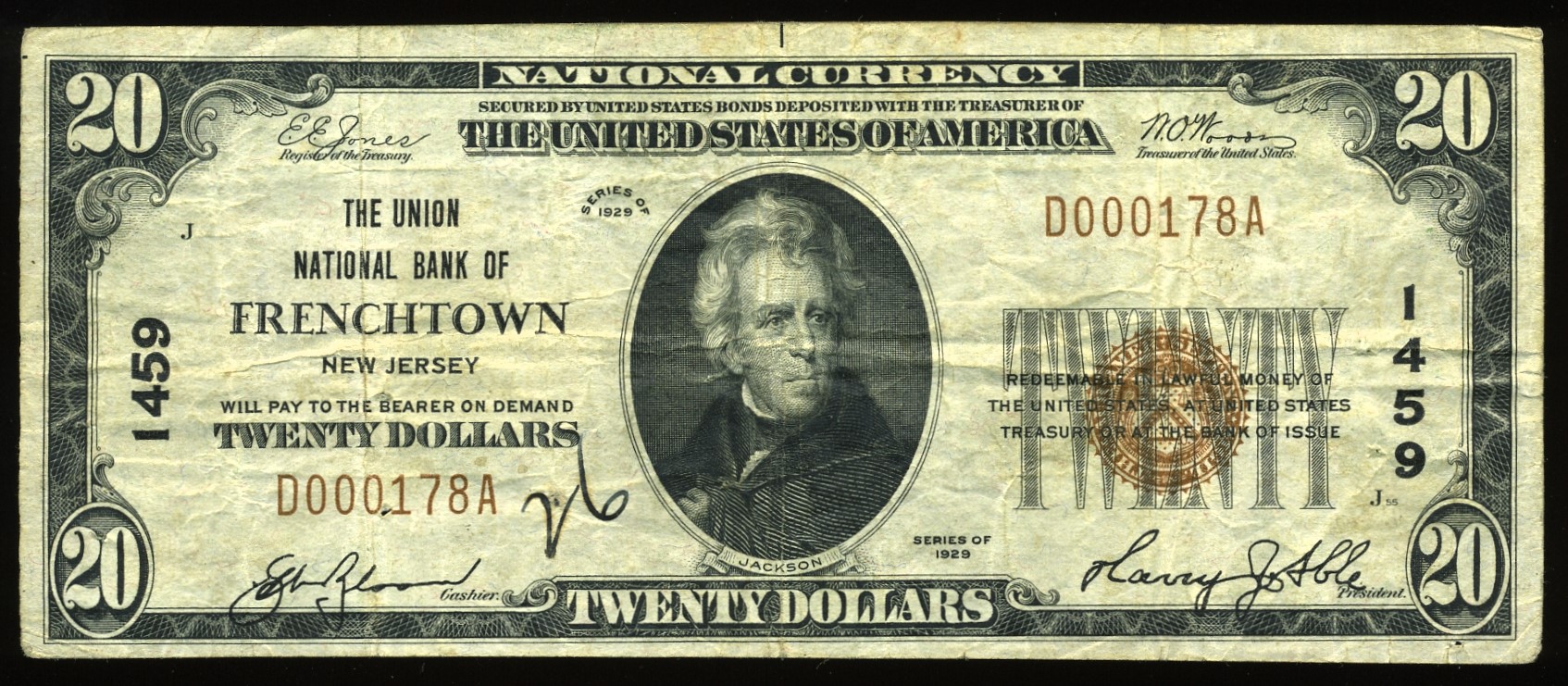 1929 $20 UNION FRENCHTOWN NJ
