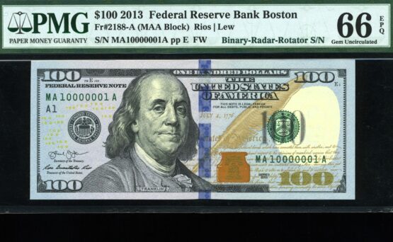 2013 $100 FRN A10000001A 66EPQ
